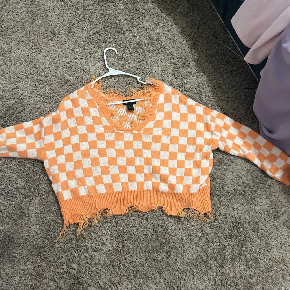 Orange and White Checkered Off-the-Shoulder Sweater